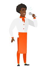 Image showing African-american chef cook singing to microphone.