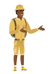 Image showing Young african-american happy traveler gesturing.