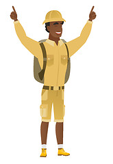 Image showing Traveler standing with raised arms up.