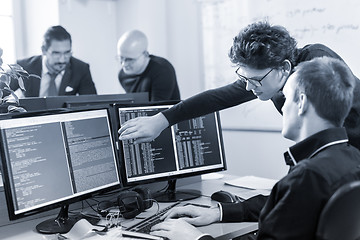 Image showing Startup business problem solving. Software developers working on desktop computer.