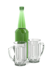 Image showing Big beer bottle and two mugs