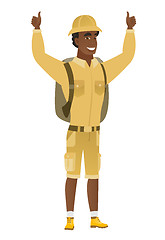 Image showing Traveler standing with raised arms up.