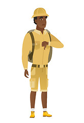 Image showing Disappointed african traveler with thumb down.