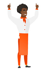 Image showing Chef cook standing with raised arms up.