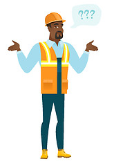Image showing African-american confused builder with spread arms