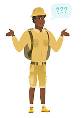 Image showing African confused traveler with spread arms.