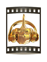 Image showing Gold Head of garlic with sun glass and headphones front \