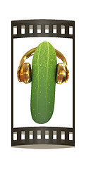 Image showing cucumber with headphones on a white background. 3d illustration.