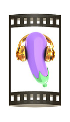 Image showing eggplant with headphones on a white background. Eggplant for far