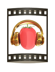 Image showing tomato with headphones. 3D illustration. The film strip.