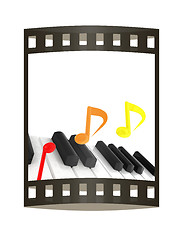 Image showing music notes  background. 3D illustration. The film strip.