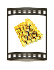Image showing pyramid from the golden coins. 3d illustration. The film strip.