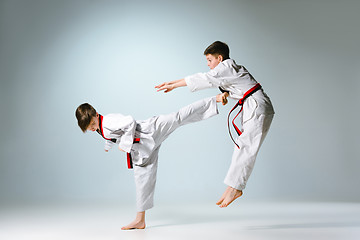 Image showing Studio shot of two of kids training karate martial arts