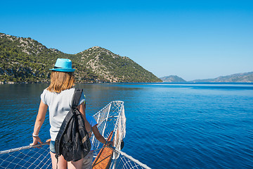 Image showing Young women with her son in cruise ship