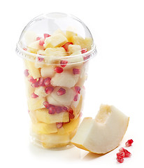 Image showing fresh fruit pieces salad in plastic cup