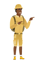 Image showing African-american traveler pointing to the side.