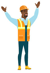 Image showing Constructor standing with raised arms up.