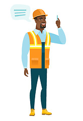 Image showing Young african-american builder with speech bubble.