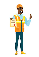 Image showing African-american builder holding a certificate.