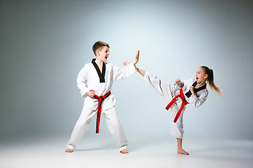 Image showing The studio shot of group of kids training karate martial arts