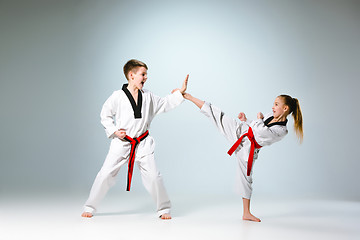 Image showing The studio shot of group of kids training karate martial arts