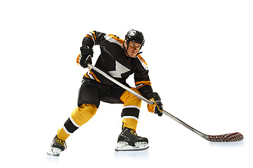 Image showing one caucasian man hockey player in studio silhouette isolated on white background