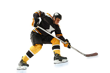 Image showing one caucasian man hockey player in studio silhouette isolated on white background