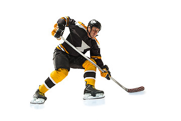 Image showing one caucasian man hockey player in studio silhouette isolated on white background