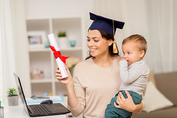 Image showing mother student with baby boy and diploma at home