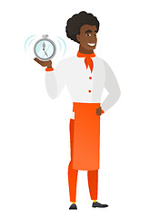 Image showing African-american chef cook holding alarm clock.