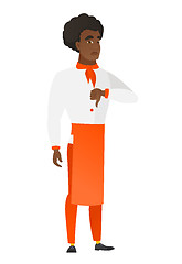 Image showing Disappointed african chef cook with thumb down.