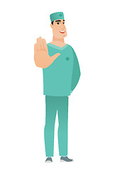 Image showing Caucasian doctor showing palm hand.