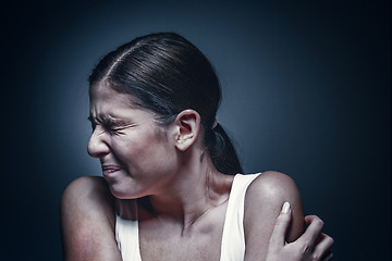 Image showing Close up portrait of a crying woman with bruised skin and black eyes