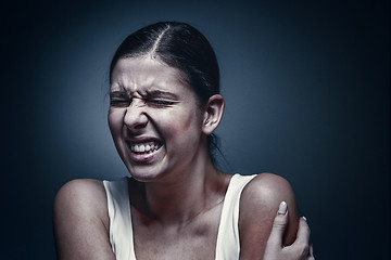 Image showing Close up portrait of a crying woman with bruised skin and black eyes