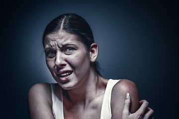 Image showing Close up portrait of a crying woman with bruised skin and black eyes