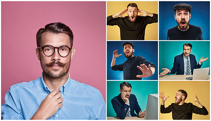 Image showing Collage from images of a young man expressing different emotions