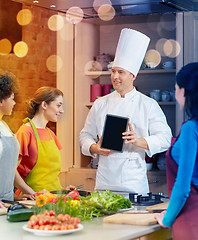 Image showing happy women with chef and tablet pc in kitchen