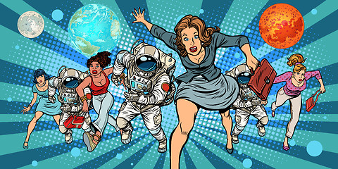 Image showing women and astronauts running into the future in space
