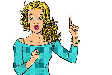 Image showing woman pointing finger up isolate on white background