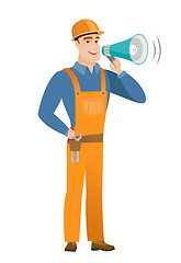 Image showing Caucasian builder talking into loudspeaker.