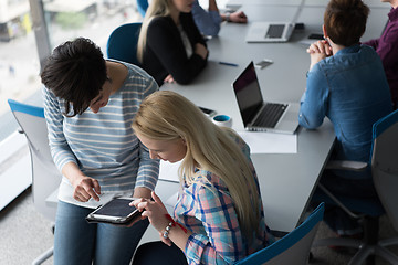 Image showing Pretty Businesswomen Using Tablet In Office Building during conf