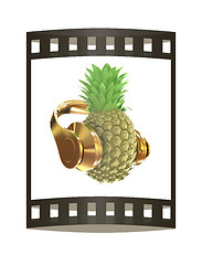 Image showing Fashion gold pineapple with headphones listens to music. 3d illu