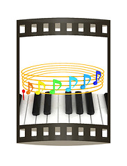 Image showing music notes  background. 3D illustration. The film strip.