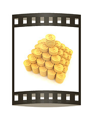 Image showing pyramid from the golden coins. 3d illustration. The film strip.