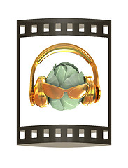 Image showing Green cabbage with sun glass and headphones front \