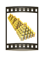 Image showing pyramid from the golden coins. 3d illustration. The film strip.