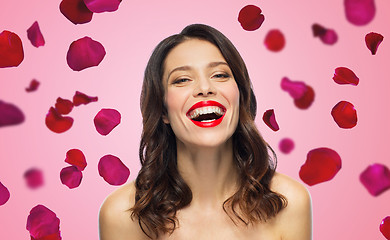 Image showing beautiful laughing young woman with red lipstick