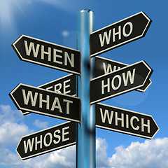 Image showing Who What Why When Where Signpost Showing Confusion Brainstorming
