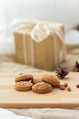 Image showing close up of oatmeal cookies on wooden table