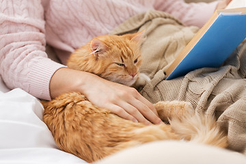 Image showing red cat and female owner reading book at home